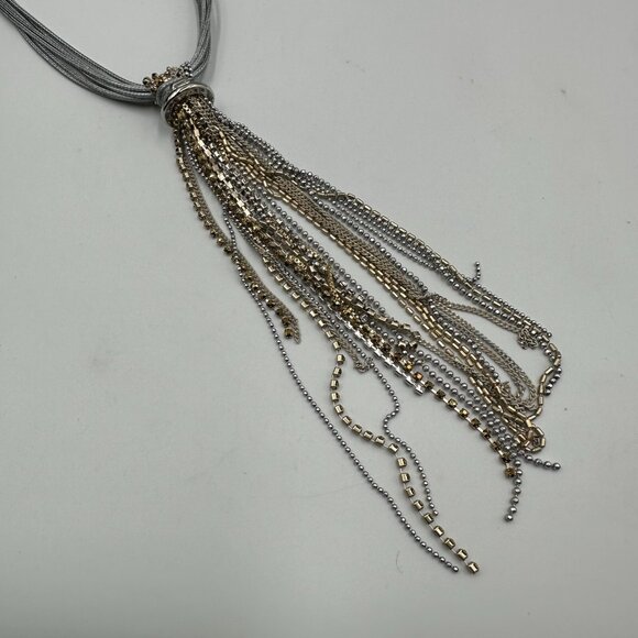 3/$30 Chico’s Necklace Silver Gold Tone Multi Strand Chain Tassel Pendant Fringe - Picture 1 of 15